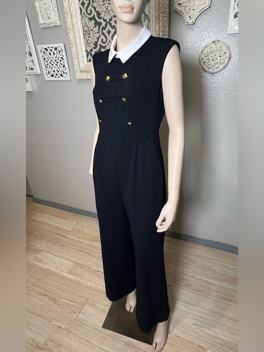 Shelby & Palmer Navy Blue Sleeveless Jumpsuit with White Collar and Gold Buttons - Picture 2 of 12